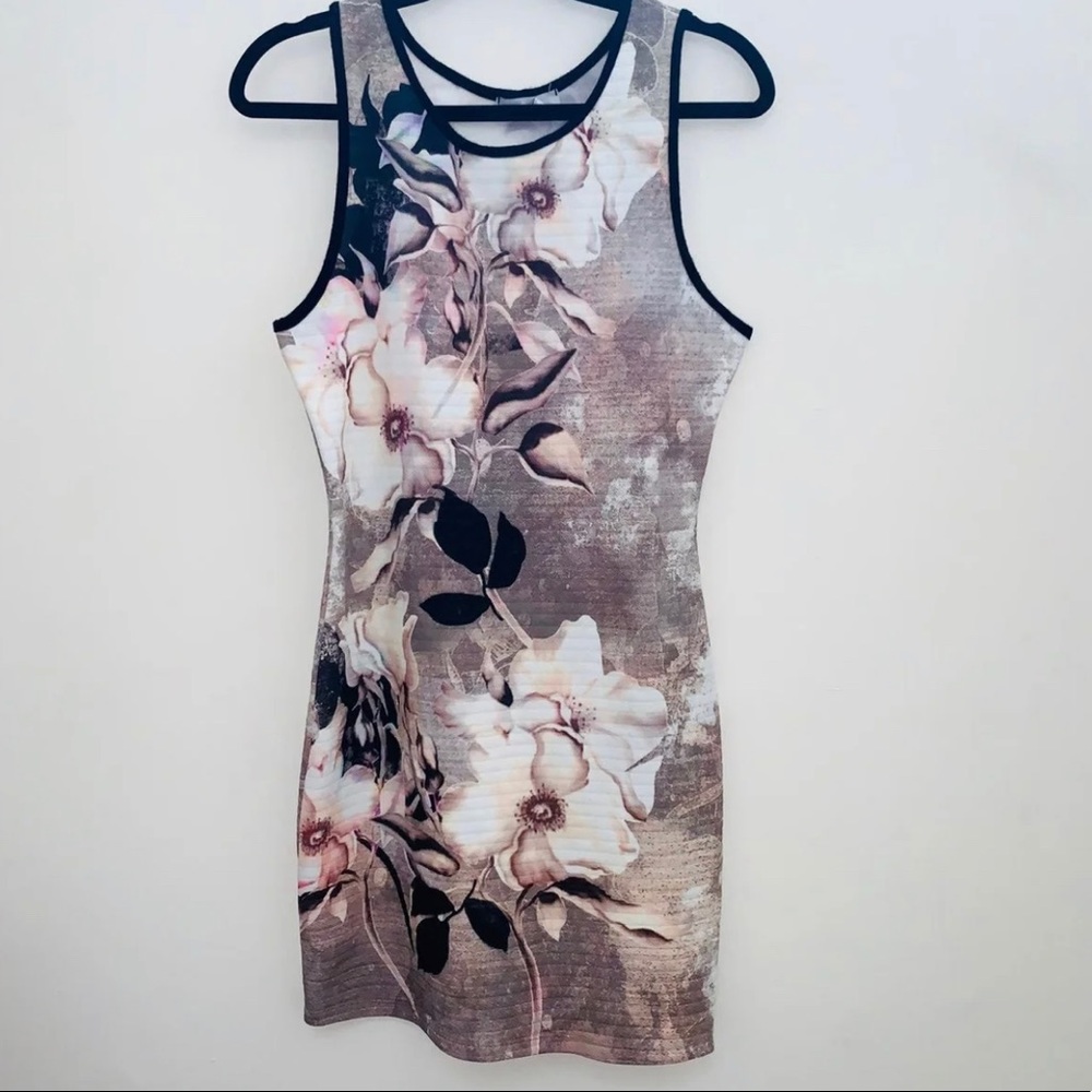 Pink grey black floral mini dress